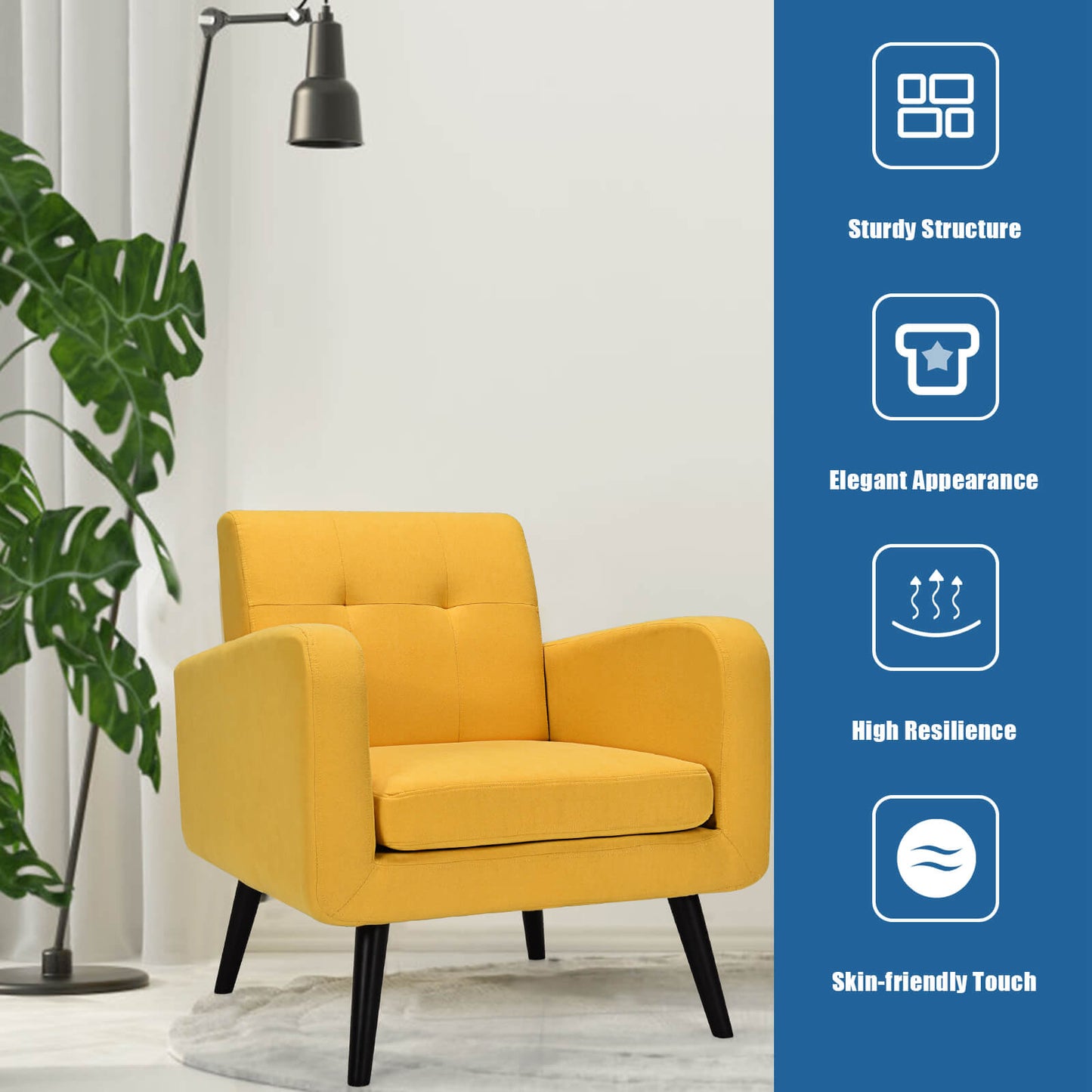 Mid-Century Modern Upholstered Accent Chair with Rubber Wood Legs-Yellow