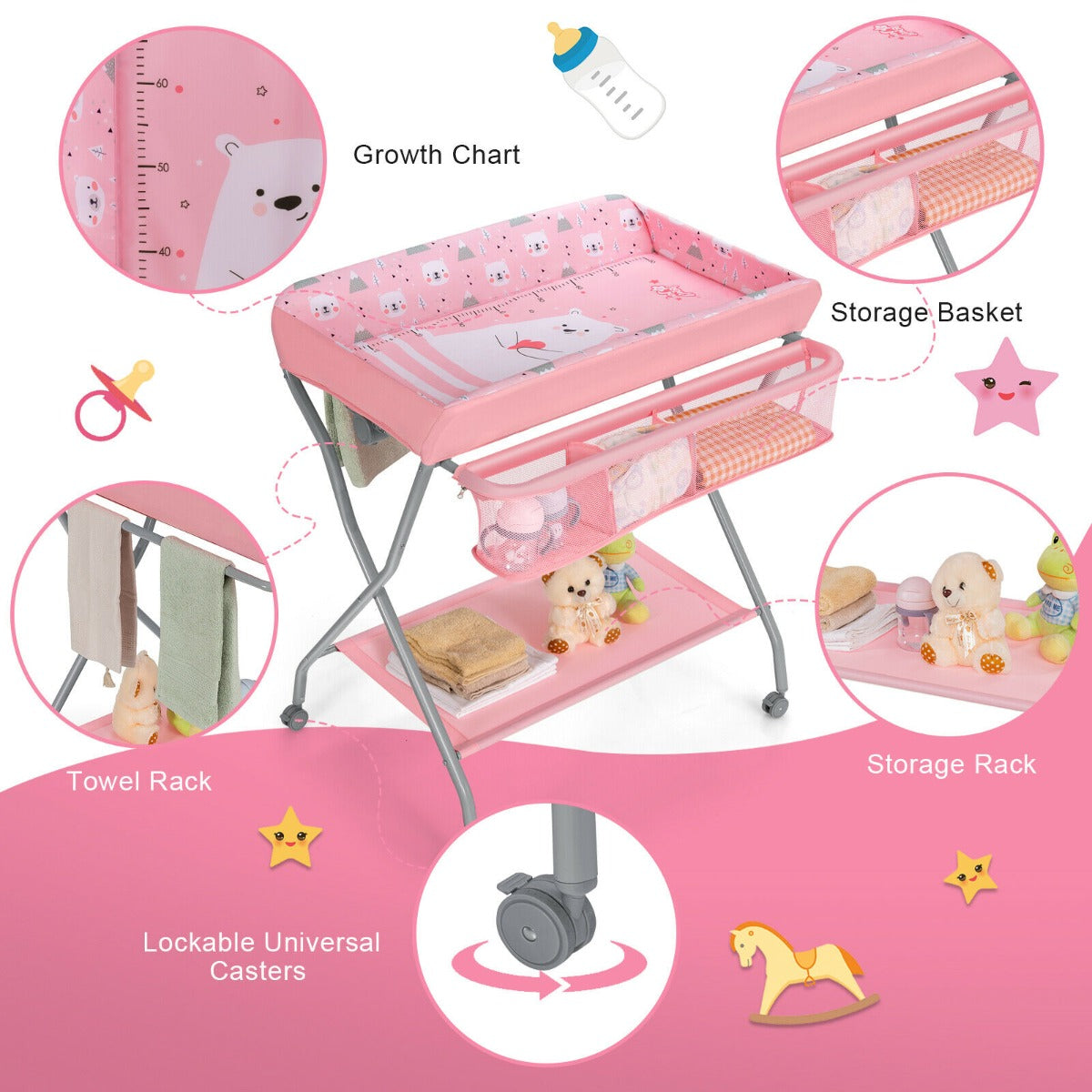 Rolling Baby Changing Table with Large Storage Basket-Pink