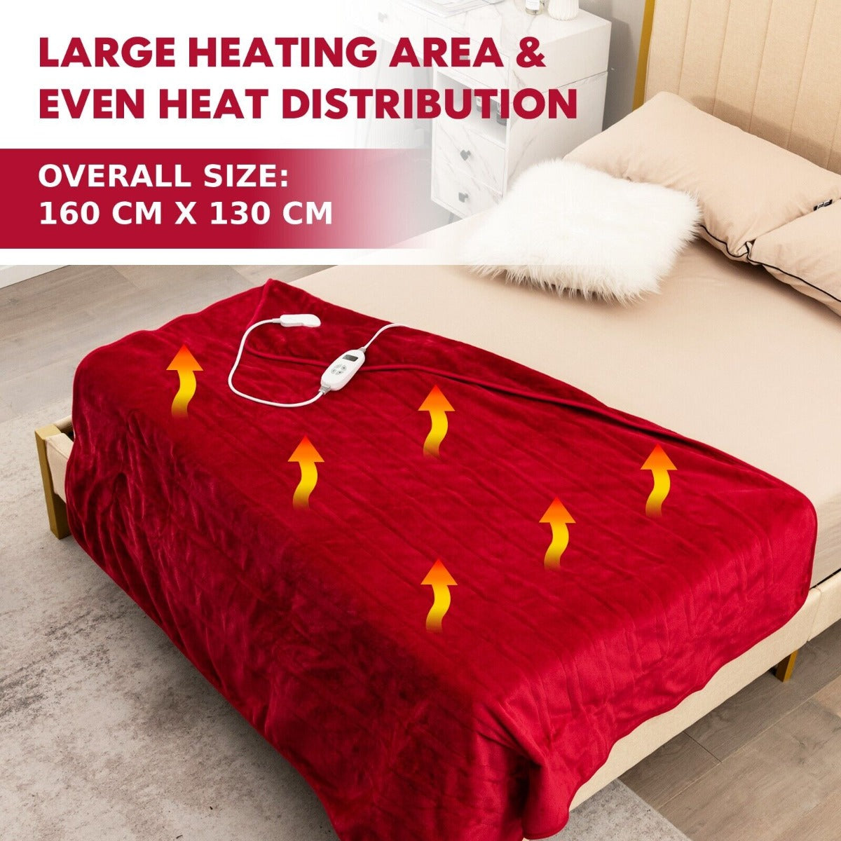 160 x 130 CM Electric Heated Throw Blanket with 10 Heat Settings-Red