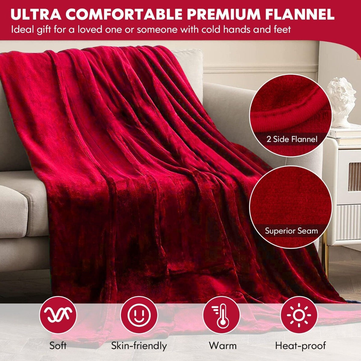 160 x 130 CM Electric Heated Throw Blanket with 10 Heat Settings-Red