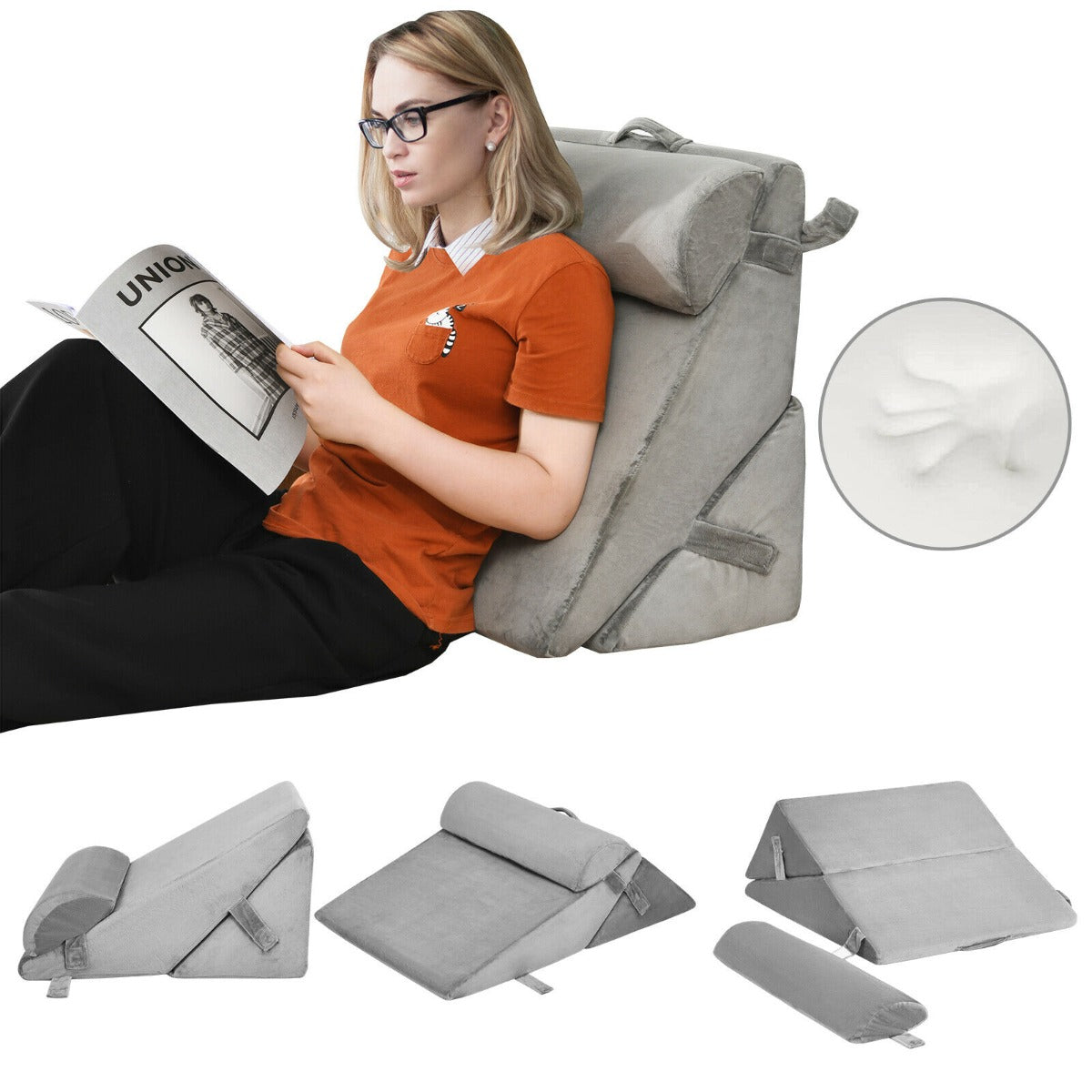 Bed Wedge Pillow with Headrest and Washable Cover for Reading-Grey