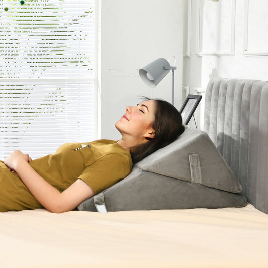 Bed Wedge Pillow with Headrest and Washable Cover for Reading-Grey