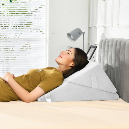 Bed Wedge Pillow with Headrest and Washable Cover for Reading-White