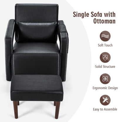 Upholstered Padded Accent Chair with Footstool and Lumbar Pillow-Black