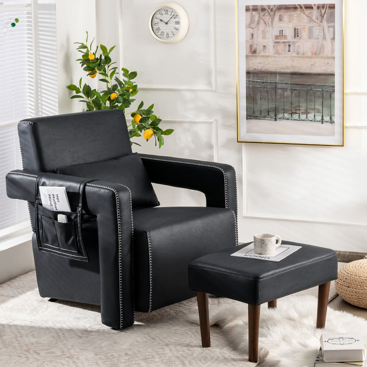Upholstered Padded Accent Chair with Footstool and Lumbar Pillow-Black