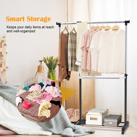 Single/Double Rail Mobile Garment Rack with Wheels and Bottom Shelf