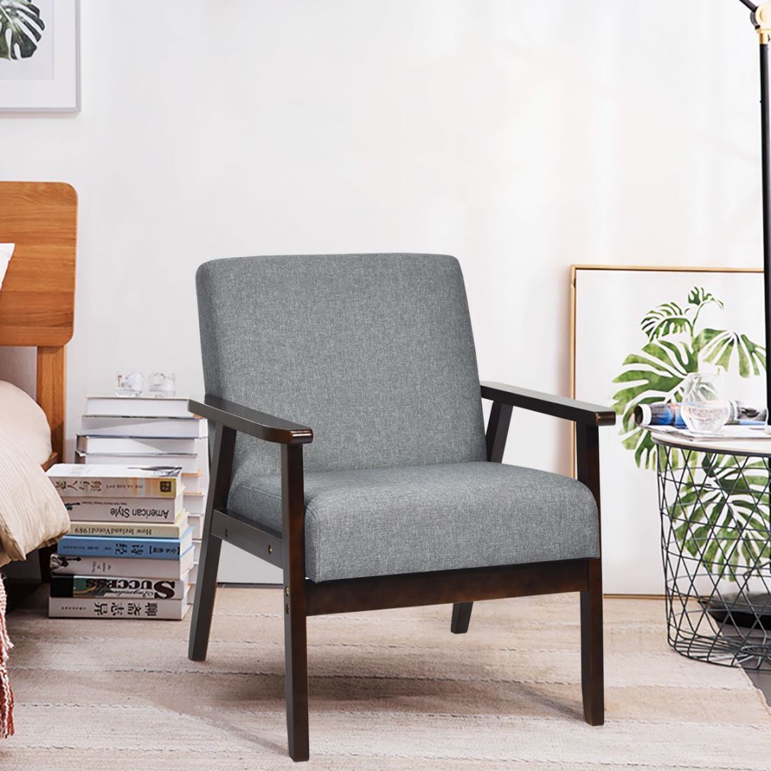 Modern Upholstered Linen Fabric Accent Sofa Chair with Wooden Armrest-Grey