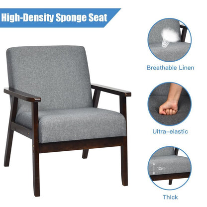 Modern Upholstered Linen Fabric Accent Sofa Chair with Wooden Armrest-Grey