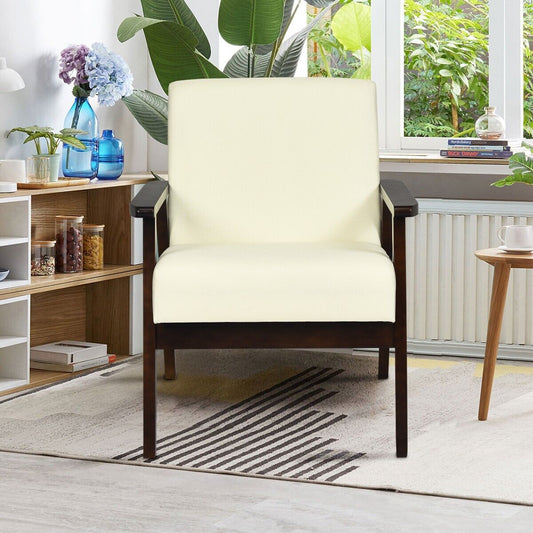 Modern Upholstered Linen Fabric Accent Sofa Chair with Wooden Armrest-Beige