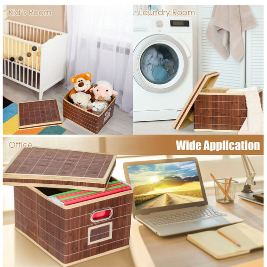 2 Pieces Bamboo Square Storage Basket Organizer with Lid-Coffee