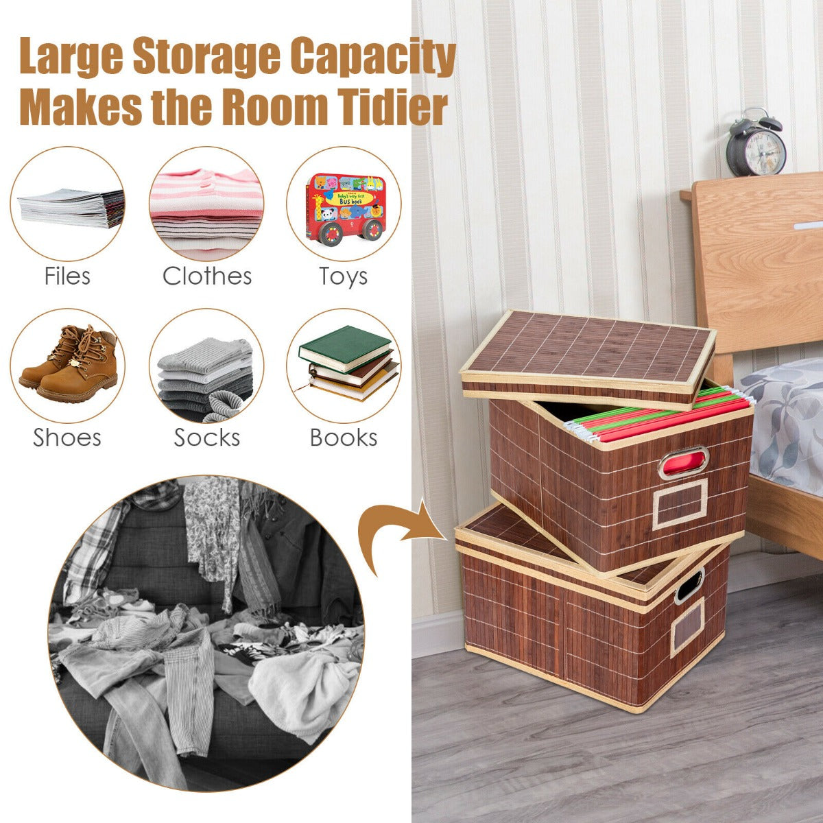 2 Pieces Bamboo Square Storage Basket Organizer with Lid-Coffee