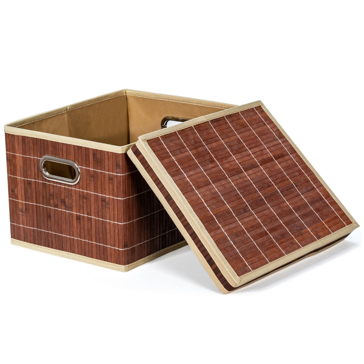 2 Pieces Bamboo Square Storage Basket Organizer with Lid-Coffee