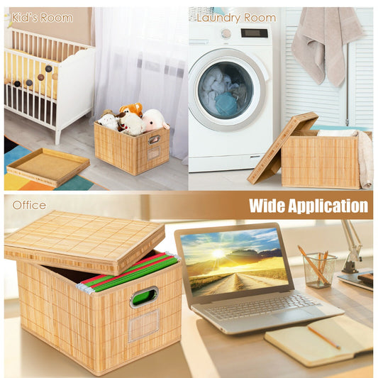 2 Pieces Bamboo Square Storage Basket Organizer with Lid-Natural