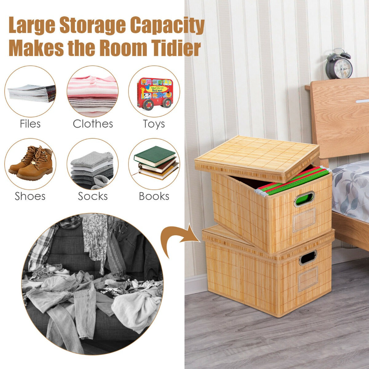 2 Pieces Bamboo Square Storage Basket Organizer with Lid-Natural